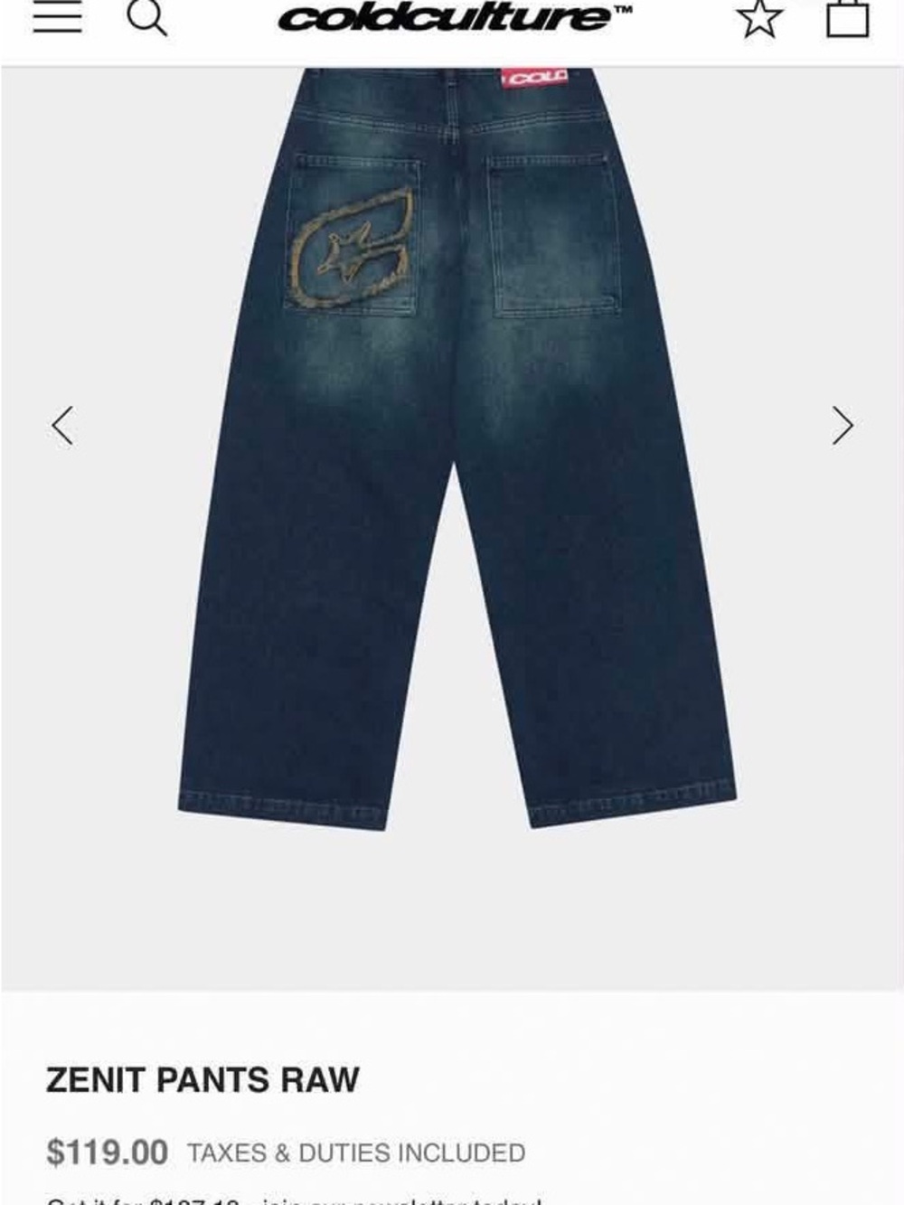 Brand New* Cold Culture Zenit Pants Raw - Men's Dark Indigo Wide Jeans